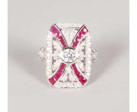 A GOOD 18CT WHITE GOLD, RUBY AND DIAMOND ART DECO STYLE RING.