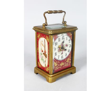 A FRENCH "SEVRES" STYLE CARRIAGE CLOCK WITH PAINTED PANELS. 4.5ins high.