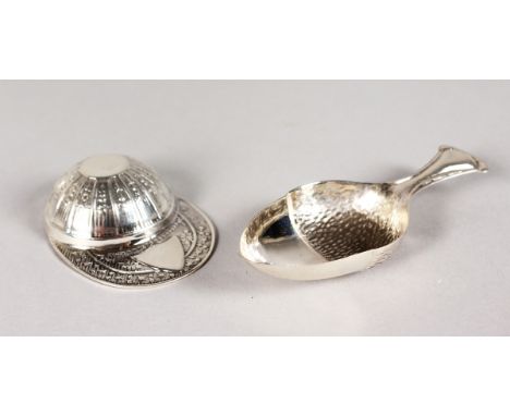 TWO NOVELTY SILVER CADDY SPOONS.