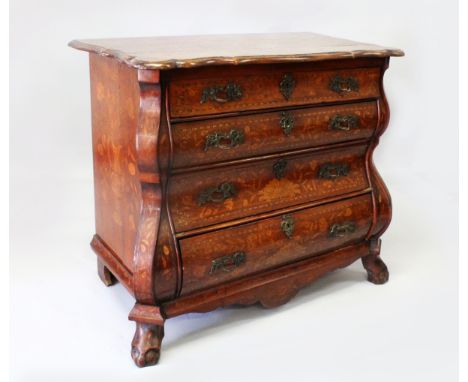 AN 18th CENTURY DUTCH MAHOGANY AND MARQUETRY COMMODE, with shaped top over four long drawers with ornate handles and supporte