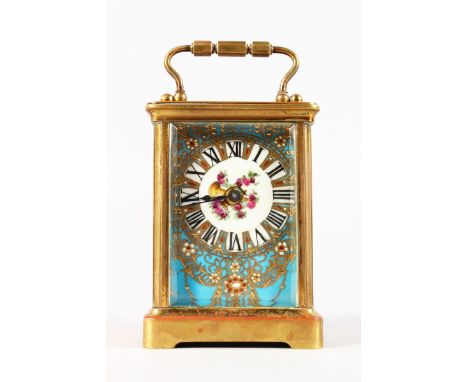 A MINIATURE "SEVRES" CARRIAGE CLOCK with painted panels. 4.5ins high.