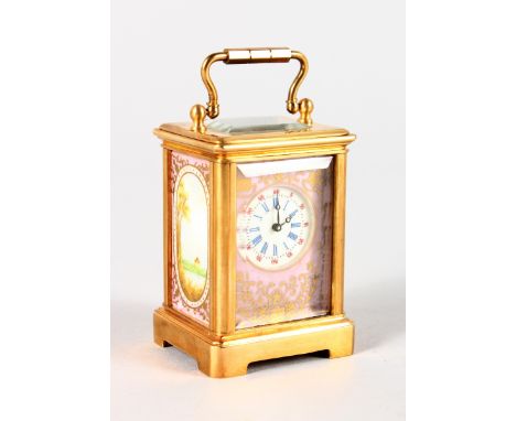 A MINIATURE "SEVRES" CARRIAGE CLOCK. 2.5ins high.