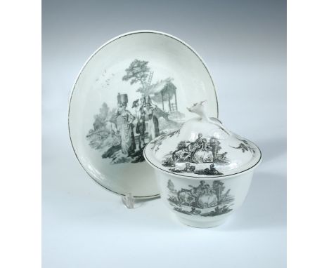 A Worcester black printed bowl, cover and stand, Hancock's print of the Milkmaids on the latter with L'amour amongst others o