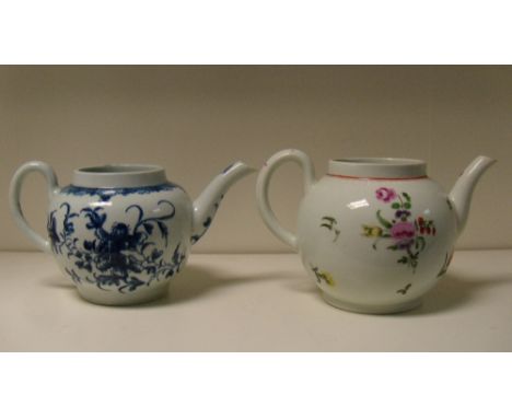 Two 18th century Worcester tea pots (lacking lids) (2)  The blue and white tea pot has chips to the spout tip. Neither pot ha