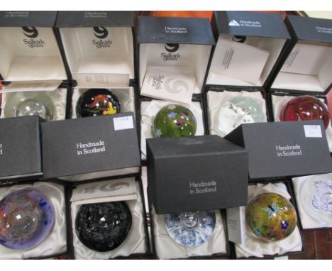 A collection of Selkirk (Peter Holmes) paperweights to include Atlantis No 69, Diana Silk, Merlin Sky, Nebula No 48, Red Mira