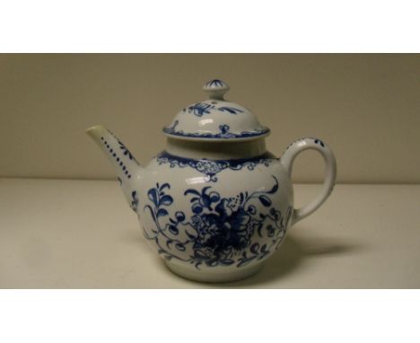 A Bow blue and white tea pot and cover (2)  The rims of both the cover and pot have restoration as does the tea pot spout tip