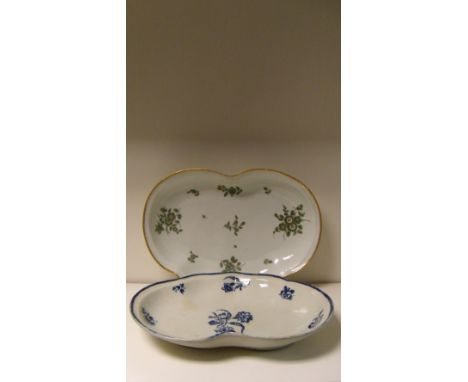 Two Worcester kidney shaped dishes, 26cm (10.25 in) wide (2)  The blue and white dish has two chips filled in the rim