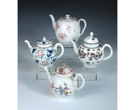 A Worcester tea pot and cover painted with a Chinese family greeting a carrier (2)  There is a chip and consequent crack to t