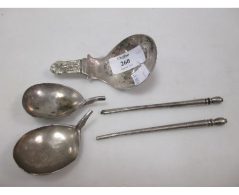 Two late 19th century Russian silver spoons with broken stems together with a Continental (possibly Austro Hungarian) caddy s