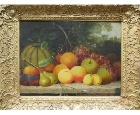 English School (19th Century), Still life of a melon, plums, peaches, apples, greengages and grapes on a marble shelf; and St