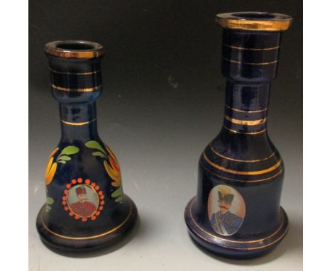 Two Turkish blue glass hookah pipe bases  