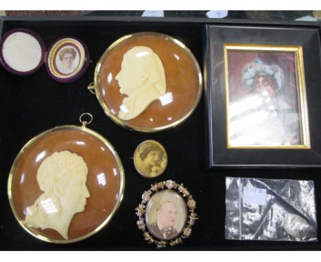 A pair of wax portrait miniatures and a small collection of other painted miniatures (7)  