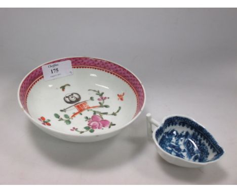 An 18th century Worcester Fisherman pattern butter boat together with a Lowestoft saucer  