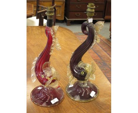 A pair of Murano coloured glass fish lamp bases  