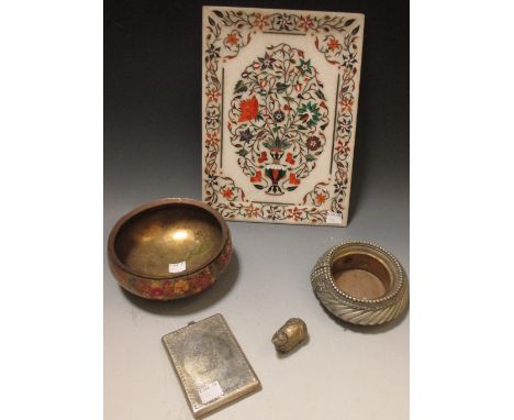 An Indian pietra dura panel, Kasmiri lacquer bowl, cigarette case and an ankle bangle bowl  