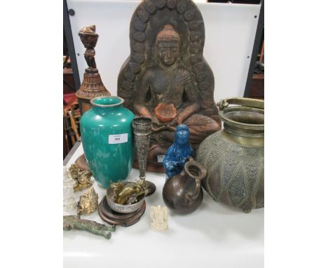 Sixteen various Oriental items, to include: a terracotta type Buddha, Indian white and other metal items, a Japanese green en