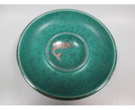 An Argento dish with silvered dolphin and a 19th century Staffordshire enamel patch box  