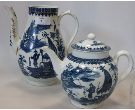 A Worcester 'Fisherman' pattern coffee pot, tea pot and cover (3)  The tea pot has filled nick on the spout tip and the coffe