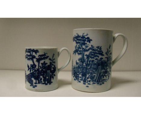 Two Worcester blue and white mugs, the pint and half pint sizes similarly printed, 12cm (4.75 in) and 8.5cm (3.25 in) high (2