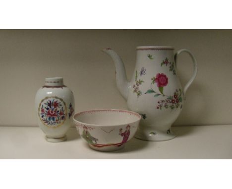 A Liverpool baluster coffee pot, a bowl and a tea caddy (3)  The coffee pot has a filled chip to its spout tip. The tea caddy