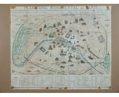 Plan Guide Monumental de Paris, print with hand colouring, 48 x 58cm (SH), together with a framed fan, doily and a print of a