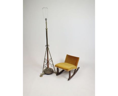 A cased brass telescopic standard lamp early 20th century on openwork frame and three scalloped pad feet, 140cm high, and a b