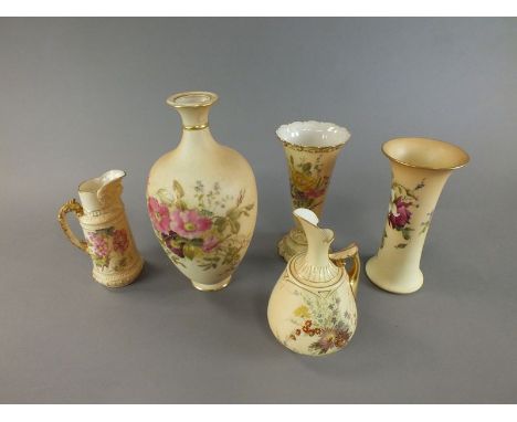A group of Royal Worcester blush ivory printed and painted with flowers to include a tall high-shouldered baluster vase, H294