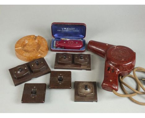 Two trays of bakelite light fittings, ash tray, 1937 coronation bowl and cover, thermometer, hairdryer, fruit bowl, door knob