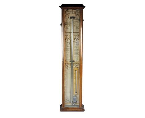 A Victorian Admiral Fitzroy's Barometer contained within an oak case and with gothic print paper label, lozenge mark and numb