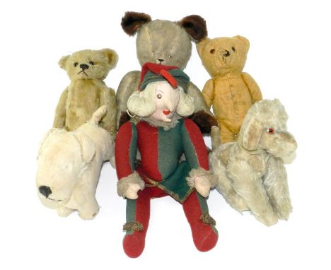 Pulcinella Harlequin in red and green (38cm), jointed French-made Poodle (23cm), 3x jointed Teddy Bears plus a 26cm Terrier, 