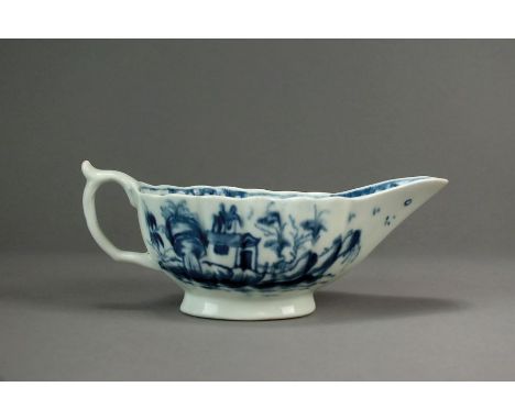 A rare Worcester porcelain sauce boat, circa 1765, painted in underglaze blue with the Mission Church pattern, of press-mould