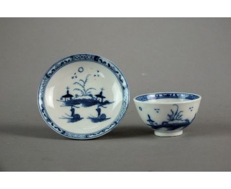 A Caughley porcelain toy tea bowl and saucer, circa 1785, painted in blue with the Island pattern, unmarked, tea bowl 6.5cm d
