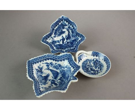 A Caughley porcelain egg drainer transfer-printed in the Pleasure Boat pattern, circa 1785, 8cm diameter, together with two C