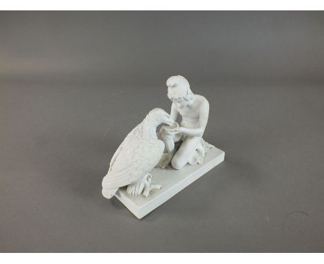 A Royal Copenhagen bisque porcelain figure group 19th century modelled as a Classical figure feeding an Eagle, painted factor
