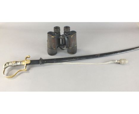 A Nazi reproduction sword in black scabbard, together with a pair of E Leitz Wetzlar 10x50 WWII binoculars (2)
