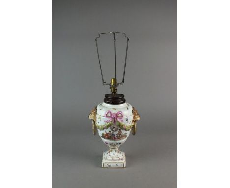 A KPM Berlin porcelain vase converted to a table lamp, late 19th century painted with a scene of figures playing cards, a por