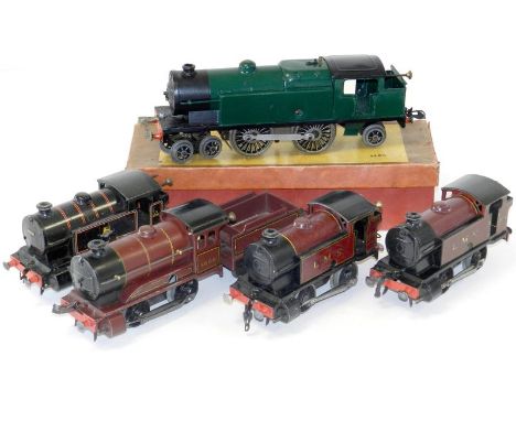 Hornby O gauge tinplate locomotives: LMS no.501 0-4-0 loco and tender 5600 in crimson, 4-4-2 tank engine green and black repa