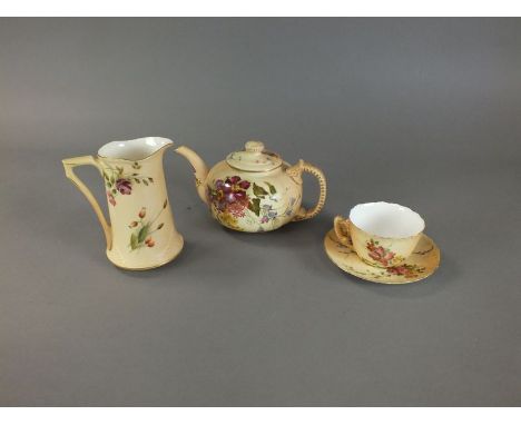 Royal Worcester blush ivory painted with flowers to include a teapot and cover, 10cm high, a teacup and saucer, teacup 8.5cm 