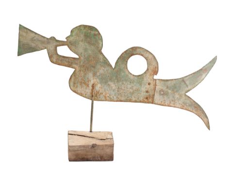 A folk-art painted iron plate weather vane, probably late 17th century, shaped as a flat section figure of a Triton with a ho