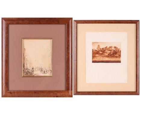 French School, 19th century, Cavalry on a busy street, signed under the mount, pencil and monochrome watercolour, framed and 