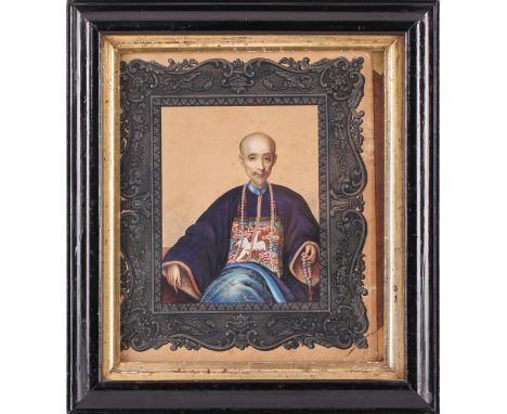 Chinese school, 19th century, half length portrait of Wu Bingjian (Howqua/Houqua), Canton, circa 1840/50, seated holding bead