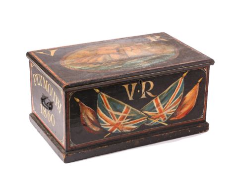 A 19th-century, folk art maritime pine trunk, painted with a clipper under sail flanked by the VR monogram and bearing the ow