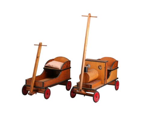 A large two-seat naive toy folk-art wooden ride-on, pull-along steam train and tender with hanging bells, "T" bar handles and