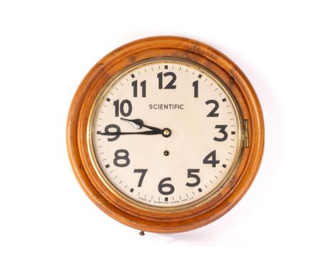 A Vintage Scientific Clock Mfg, 30hr wall timepiece, 20th century, the white painted Arabic dial marked "Scientific" with mou