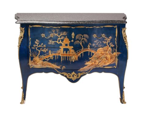 A craftsman-made Louis XV style "French Blue" lacquer bombe commode in the manner of Adrien Delorme, 20th century, fitted two