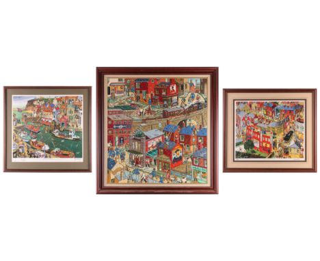 † Joe Scarborough (b.1938), city scene, a train crossing a viaduct, acrylic on canvas, signed and dated '88, 75 cm x 71 cm in