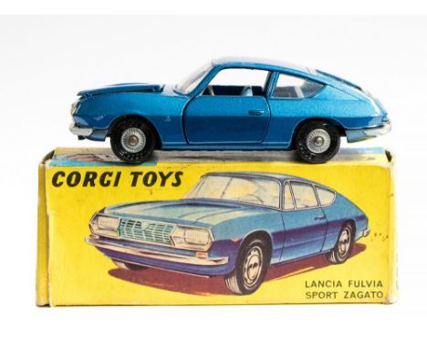 Corgi: A boxed Lancia Fulvia Sport Zagato, 332, metallic blue, light blue interior, original carded box, vehicle good, box sl