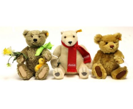 Steiff: A 2001 bear, '654756', Spring bear, '654466' and a 'Coca-Cola' polar bear, all unboxed. (3)