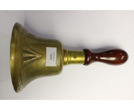 WW2 British WD Broad Arrow marked military brass hand bell. No date. Approx 26cm in height. Turned wooden handle.