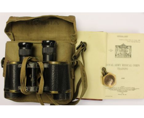 WW2 British Binoculars in 1937 pattern web pouch. Kershaw Bino Prism No. 2 MK II x 6 binoculars: and a 1935 RAMC Training Man